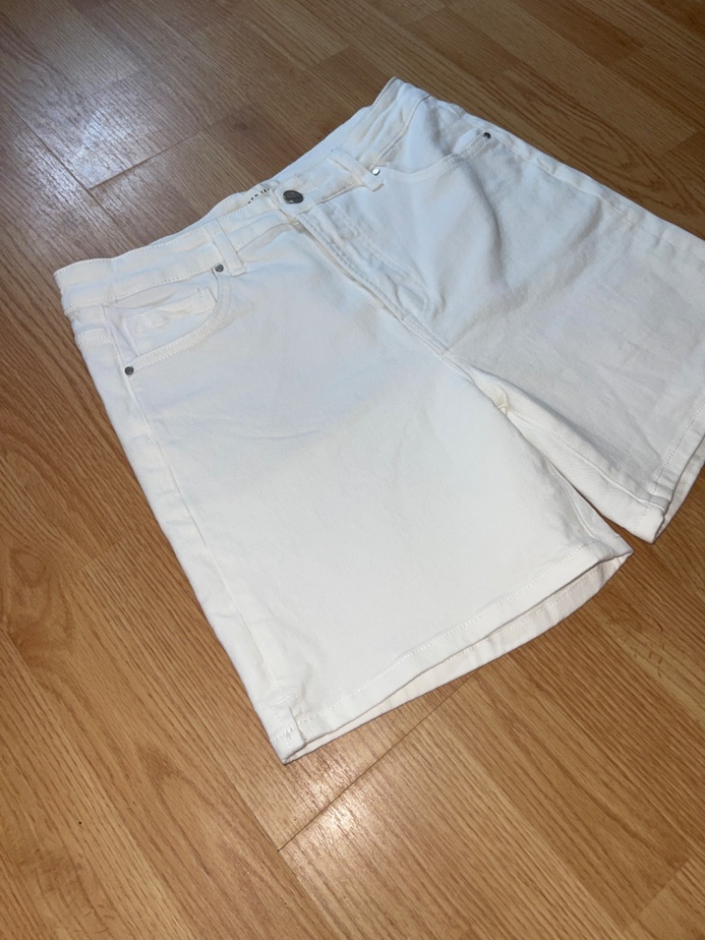 Risen White Tummy Control High Rise Bermuda Mid Length Denim Stretch Shorts Larg - Picture 4 of 11